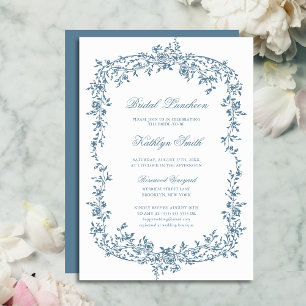 Dusty Blauw Bloemen Script Bridal Luncheon Kaart