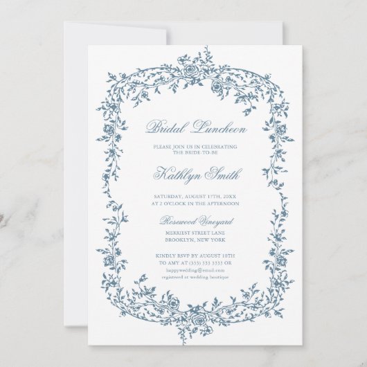 Dusty Blauw  Bloemen Script Bridal Luncheon Kaart (Voorkant)