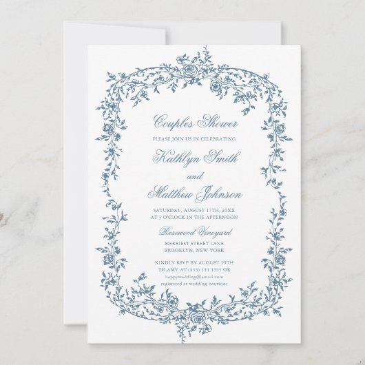 Dusty Blauw  Bloemen Script Couples Shower Kaart (Voorkant)