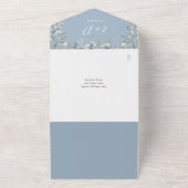 Dusty Blauw Bloemen Script Harten QR Code Bruiloft All In One Uitnodiging (Buitenkant)