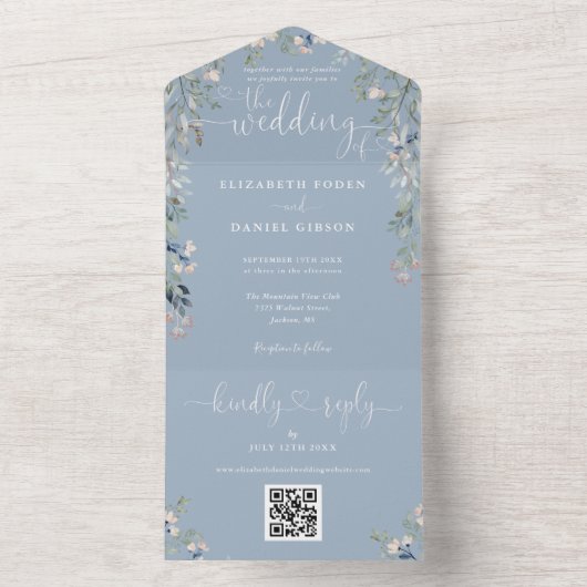 Dusty Blauw Bloemen Script Harten QR Code Bruiloft All In One Uitnodiging (Binnen)