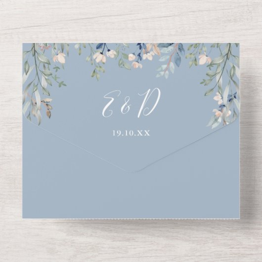 Dusty Blauw Bloemen Script Harten QR Code Bruiloft All In One Uitnodiging (Achterkant)