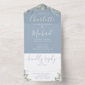 Dusty Blauw Bloemen Script Monogram Bruiloft All In One Uitnodiging (Binnen)