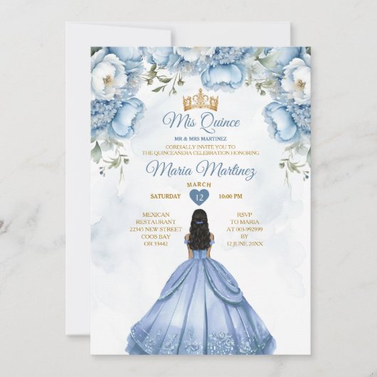 Dusty Blauw Bloemen Spaans Prinses Mis Quince Kaart (Voorkant)