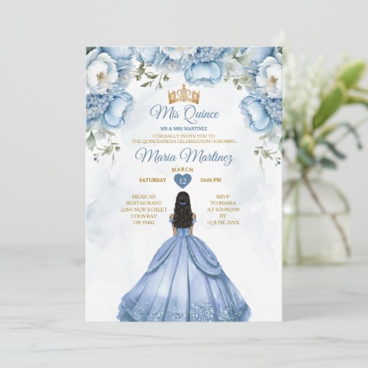 Dusty Blauw Bloemen Spaans Prinses Mis Quince Kaart (Staand voorkant)