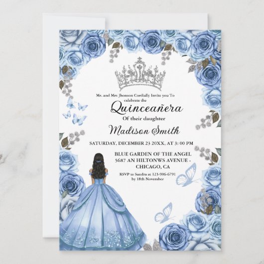 Dusty Blauw Bloemen Vlinder Meisje Quinceanera Kaart (Voorkant)