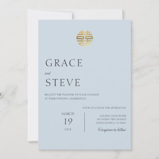 Dusty Blauw Dubbel Geluk Chinees Koreaans Huwelijk Kaart (Voorkant)