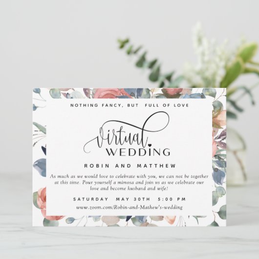Dusty Blauw en Blush, Online Virtuele Bruiloft Kaart (Staand voorkant)