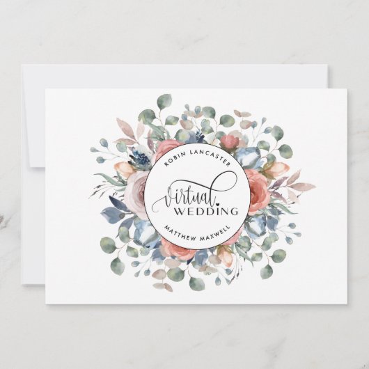 Dusty Blauw en Blush, Online Virtuele Bruiloft Kaart (Achterkant)