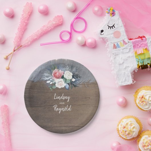 Dusty Blauw en Blush Rustiek Land Bruiloft Papieren Bordje (Feest)