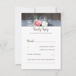 Dusty Blauw en Blush Rustiek Land Bruiloft RSVP Kaartje