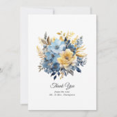 Dusty Blauw en Goud Bloemen Bruiloft Bedankkaart (Voorkant)