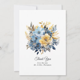 Dusty Blauw en Goud Bloemen Bruiloft Bedankkaart