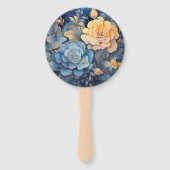 Dusty Blauw en Goud Bloemen Bruiloft Handwaaier (Achterkant)