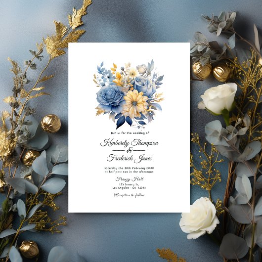 Dusty Blauw en Goud Bloemen Bruiloft Kaart