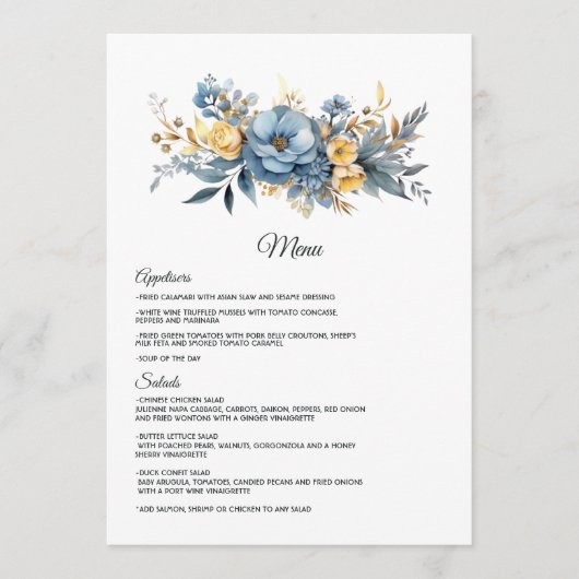 Dusty Blauw en Goud Bloemen Bruiloft Menu (Voorkant)