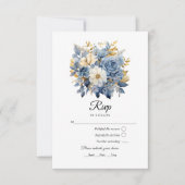 Dusty Blauw en Goud Bloemen Bruiloft RSVP Kaartje (Voorkant)