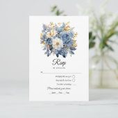 Dusty Blauw en Goud Bloemen Bruiloft RSVP Kaartje (Staand voorkant)