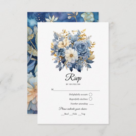 Dusty Blauw en Goud Bloemen Bruiloft RSVP Kaartje (Voorkant / Achterkant)