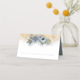 Dusty Blauw en Goud Glitter Bloemenbruiloft Plaatskaartje