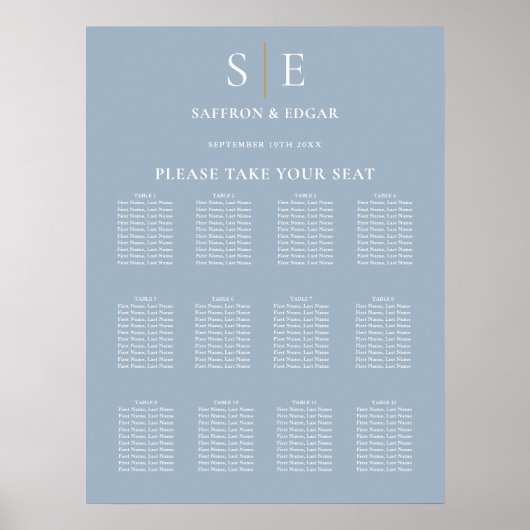 Dusty Blauw En Goud Monogram Bruiloft Zittinggrafi Poster (Voorkant)