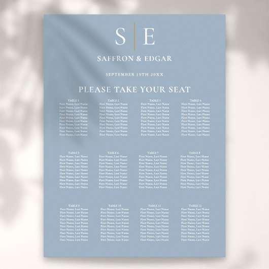 Dusty Blauw En Goud Monogram Bruiloft Zittinggrafi Poster