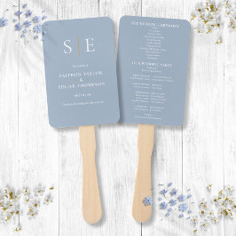 Dusty Blauw en Goud Monogram Huwelijksprogramma Handwaaier
