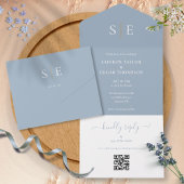Dusty Blauw en Goud Monogram QR Code Bruiloft All In One Uitnodiging