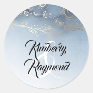 Dusty Blauw en Gouden Waterverf Bruiloft Ronde Sticker