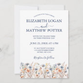 Dusty Blauw en Perzik Wildbloemen Foto Bruiloft Kaart (Voorkant)