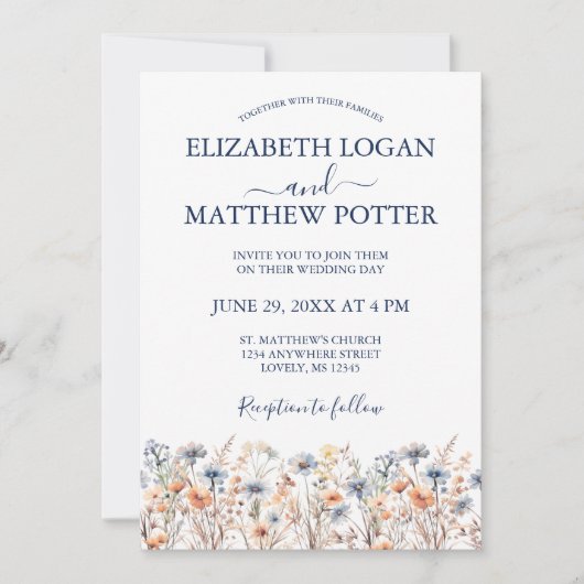 Dusty Blauw en Perzik Wildbloemen Foto Bruiloft Kaart (Voorkant)