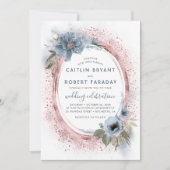 Dusty Blauw en Roos Goud Glitter Bloemenbruiloft Kaart (Voorkant)