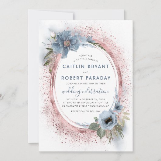 Dusty Blauw en Roos Goud Glitter Bloemenbruiloft Kaart (Voorkant)
