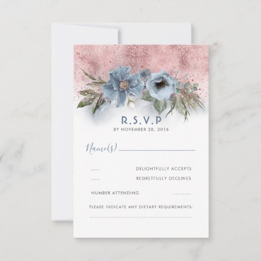 Dusty Blauw en Roos Gouden Glitter Boho Bruiloft R RSVP Kaartje (Voorkant)