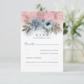 Dusty Blauw en Roos Gouden Glitter Boho Bruiloft R RSVP Kaartje (Staand voorkant)