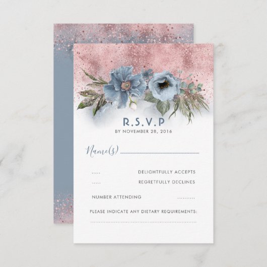 Dusty Blauw en Roos Gouden Glitter Boho Bruiloft R RSVP Kaartje (Voorkant / Achterkant)