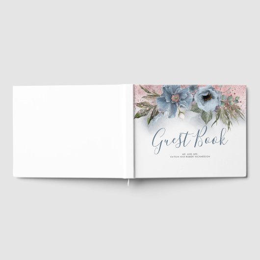 Dusty Blauw en Roos Gouden Glitter Bruiloft Gastenboek (Volledig)