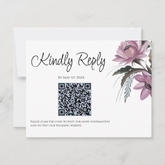 Dusty Blauw en Roze Bloemen Moderne Huwelijk QR Co RSVP Kaartje (Voorkant)