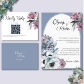 Dusty Blauw en Roze Bloemen Moderne Huwelijk QR Co RSVP Kaartje