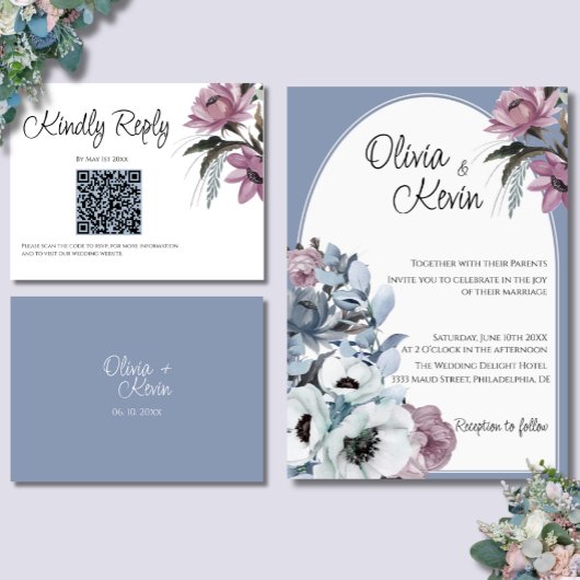 Dusty Blauw en Roze Bloemen Moderne Huwelijk QR Co RSVP Kaartje