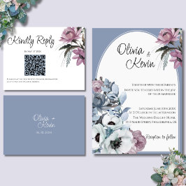 Dusty Blauw en Roze Bloemen Moderne Huwelijk QR Co RSVP Kaartje