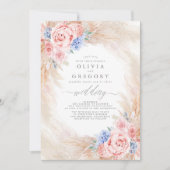 Dusty Blauw en Roze Bloemen Pampas Grass Bruiloft Kaart (Voorkant)