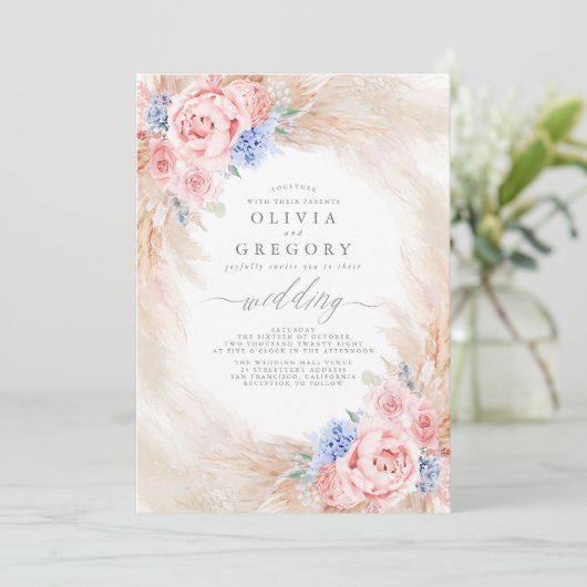 Dusty Blauw en Roze Bloemen Pampas Grass Bruiloft Kaart (Staand voorkant)