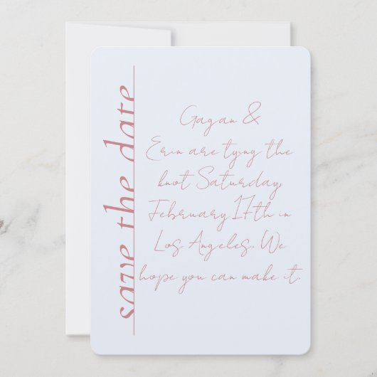 Dusty blauw en roze Love Note Save the Date Kaart (Voorkant)