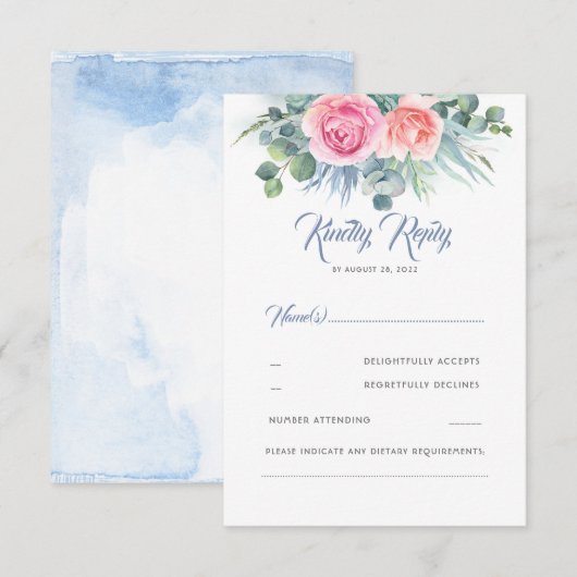 Dusty Blauw en Roze Rozenkwarts Bruiloft RSVP Kaartje (Voorkant / Achterkant)
