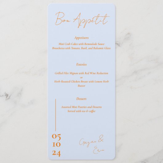 Dusty blauw en sinaasappel Letter Bruiloft menu (Voorkant)