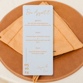 Dusty blauw en sinaasappel Letter Bruiloft menu