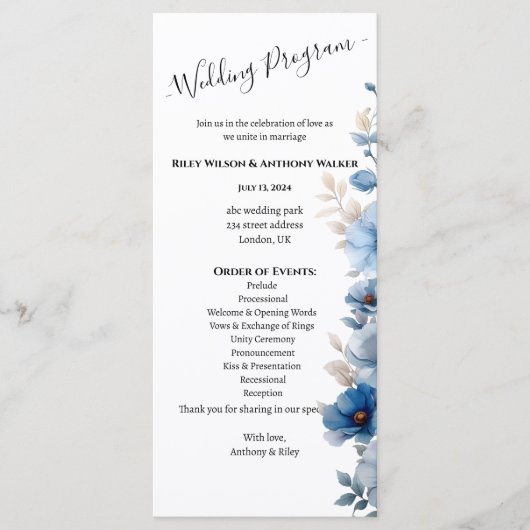 Dusty Blauw en wit bloemen bruiloft Programmakaart (Voorkant)