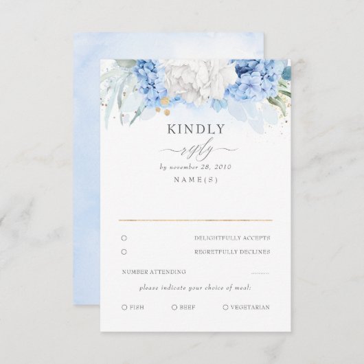 Dusty Blauw en Wit Bloemen Bruiloft RSVP (Voorkant / Achterkant)