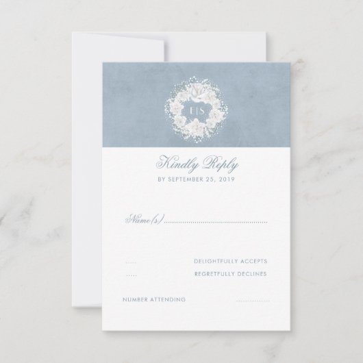 Dusty Blauw en Wit Bloemen Bruiloft RSVP (Voorkant)